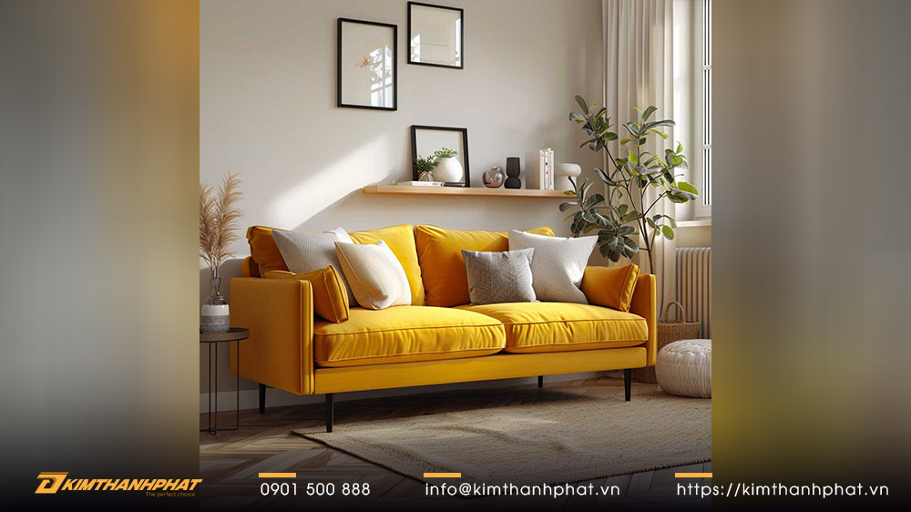 Ghế sofa màu vàng nắng cho ý tưởng nội thất căn hộ studio