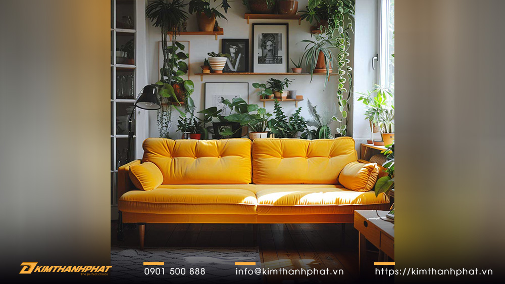 Ghế sofa màu vàng nắng cho ý tưởng nội thất căn hộ studio