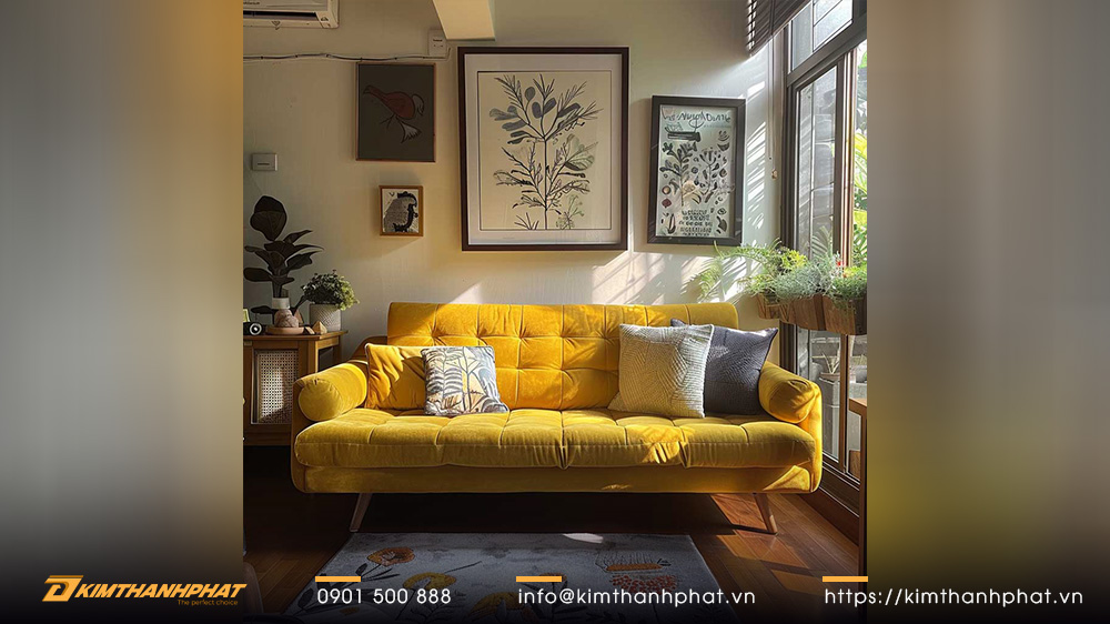 Ghế sofa màu vàng nắng cho ý tưởng nội thất căn hộ studio