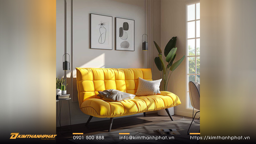 Ghế sofa màu vàng nắng cho ý tưởng nội thất căn hộ studio